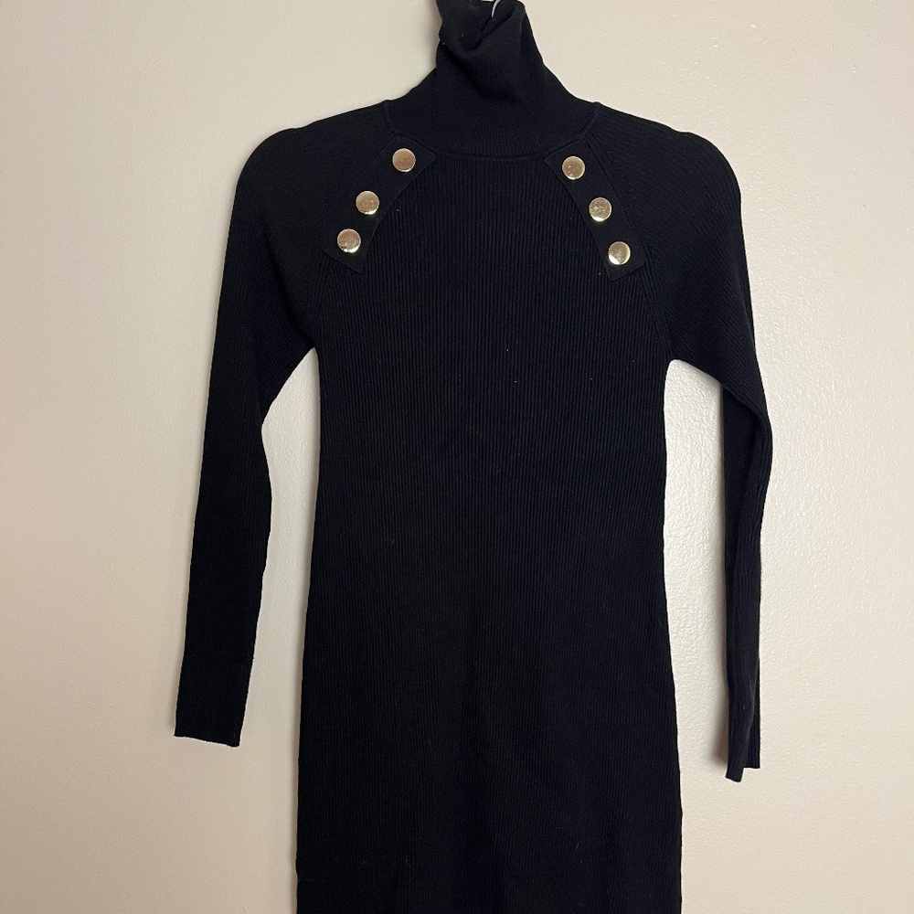 Black Ribbed Turtleneck Sweater Dress w/ Gold Military Buttons